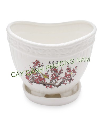Chậu men oval đĩa hoa đào