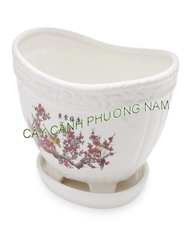 Chậu men oval đĩa hoa đào