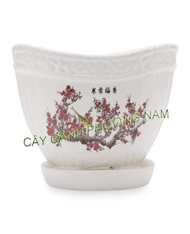 Chậu men oval đĩa hoa đào